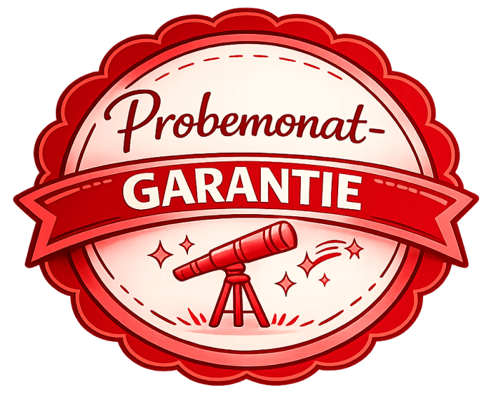 Rot-rosafarbenes Garantie-Badge f&uuml;r die Probemonat-Garantie von heartups. Das Fernrohr steht f&uuml;r neugieriges Testen, Lernen und Entdecken.