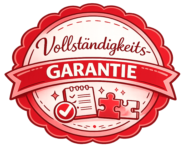 Rot-rosafarbenes Garantie-Siegel mit der Aufschrift &bdquo;Vollst&auml;ndigkeits-GARANTIE&ldquo; sowie Checkliste, H&auml;kchen und Puzzleteil als Symbol f&uuml;r Vollst&auml;ndigkeit.