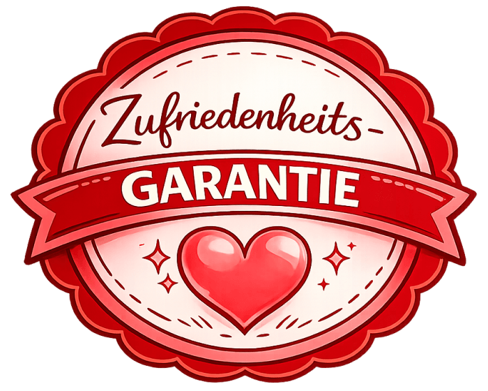 Rot-rosafarbenes Garantie-Siegel mit der Aufschrift &bdquo;Zufriedenheits-GARANTIE&ldquo; und einem Herzsymbol f&uuml;r positive Kundenerfahrung.